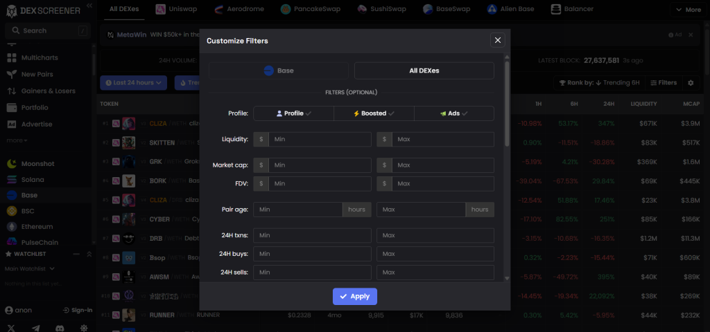 DEX Screener filters
