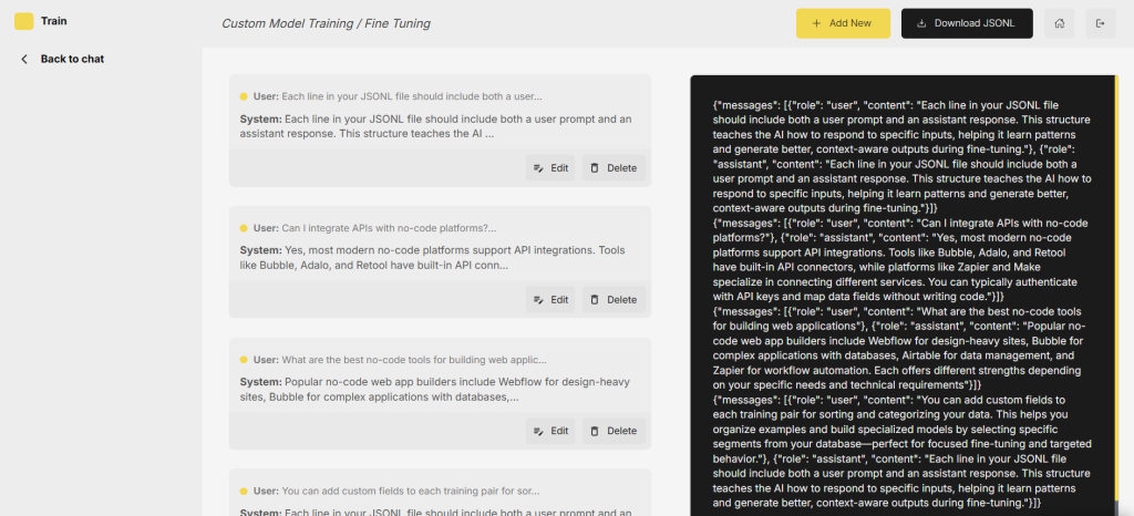 bubble.io LLM AI fine tuning training